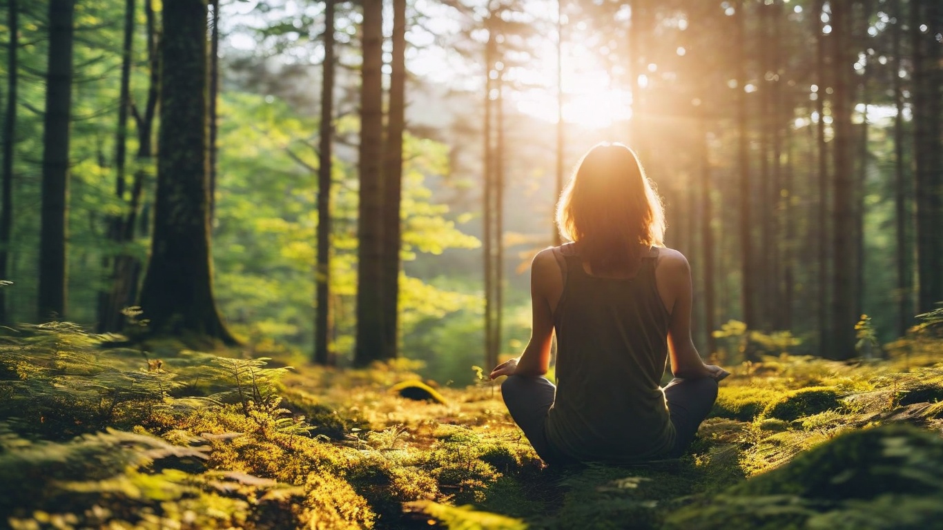 Woman sitting peacefully in a sunlit forest, representing nervous system regulation, healing from chronic stress, and finding calm after the fight-or-flight response.